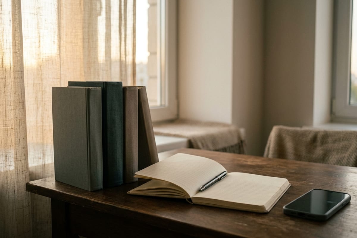 Стол у окна: несколько книг без надписей, раскрытый чистый блокнот с ручкой, смартфон с погашенным экраном в стороне